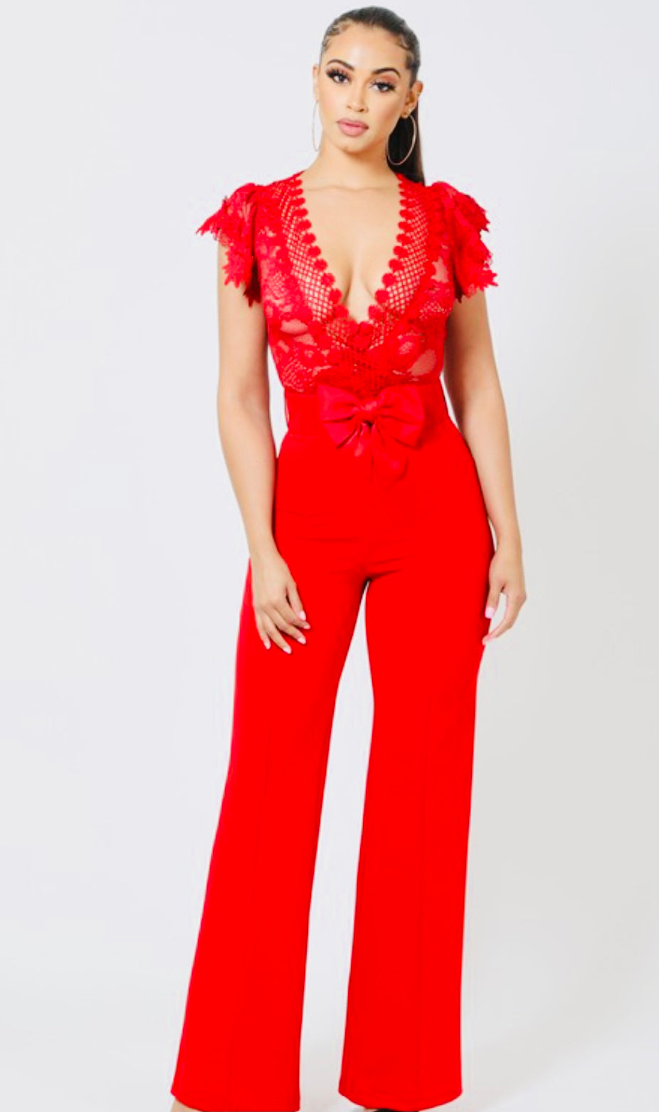 Red Lace V Neck Jumpsuit